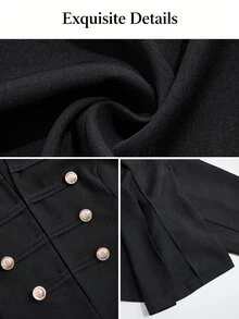 SOLERSUN Plus Size Round Neck Double-Breasted Metal Button Short Jacket Long Sleeve Zipper Front Casual Minimalist Short Coat Office Formal Black Fall - Black - View 8
