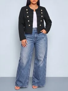 SOLERSUN Plus Size Round Neck Double-Breasted Metal Button Short Jacket Long Sleeve Zipper Front Casual Minimalist Short Coat Office Formal Black Fall - Black - View 4