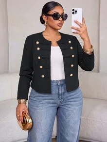 SOLERSUN Plus Size Round Neck Double-Breasted Metal Button Short Jacket Long Sleeve Zipper Front Casual Minimalist Short Coat Office Formal Black Fall - Black - View 3