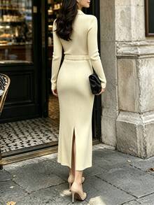 Cévolie Knitted Ribbed Shirt Collar Long Sleeve Long Skirt Early Autumn French Elegant Commute Women's Set - Apricot - View 2