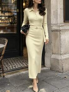 Cévolie Knitted Ribbed Shirt Collar Long Sleeve Long Skirt Early Autumn French Elegant Commute Women's Set - Apricot - View 4