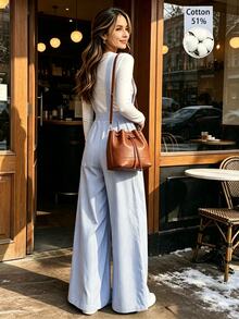 Cévolie Jumpsuit Kasual Wanita Bergaris dengan Kantong, Longgar, dan Kaki Lebar - Biru - View 2
