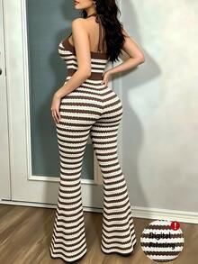 Eryvara American Retro Brown & White Colorblock Striped Elastic Knit One-Shoulder Strapless Bustier High Waist Bodycon Slimming Flared Leg Jumpsuit For Women - Multicolor - View 2