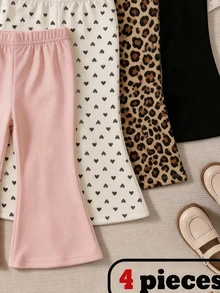 4pcs/Pack Toddler & Little Girls Solid Color Printed Elastic Waist Flare Leggings, Cute Leopard Print Heart Pattern Stretchy Casual Daily Long Pants - Multicolor - View 3