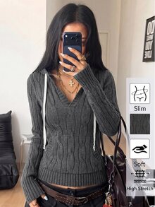 StreetHx Women's Autumn/Winter Fashion Versatile Lazy Casual Commute Street Half-Open Hooded Pullover Sweater - Grey - View 1