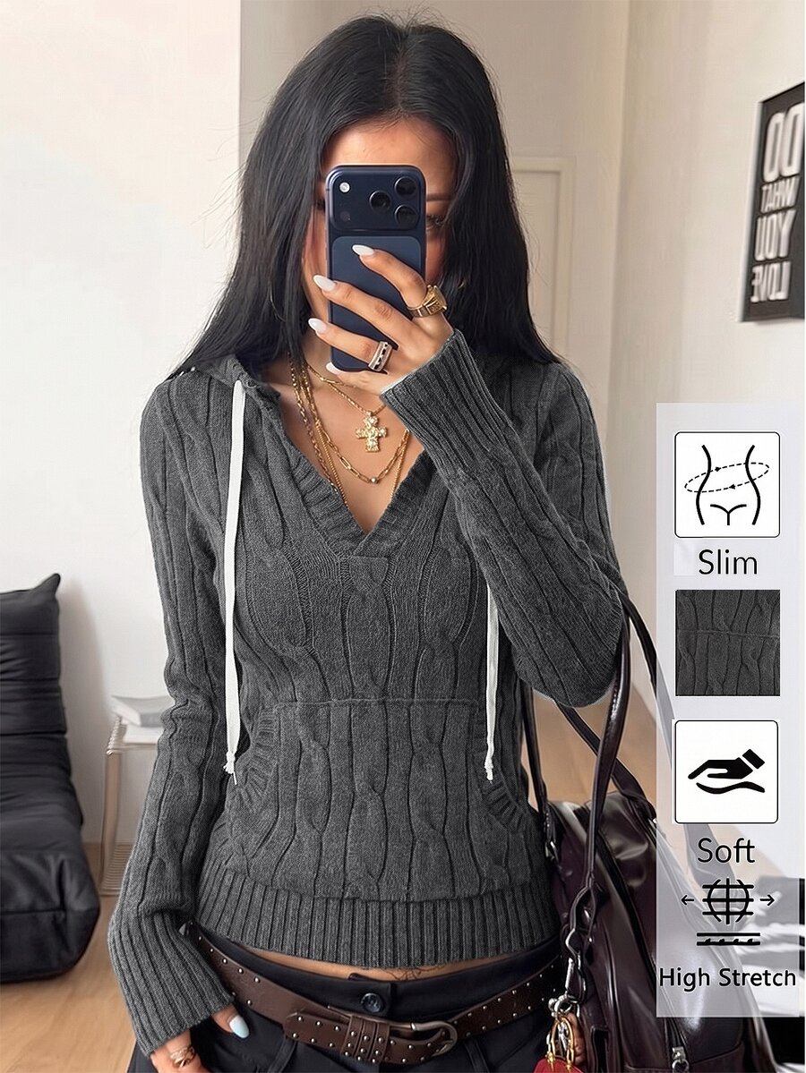 StreetHx Women's Autumn/Winter Fashion Versatile Lazy Casual Commute Street Half-Open Hooded Pullover Sweater - Grey - View 1