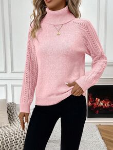 SHEIN Women's Solid Color Hollow Out Raglan Sleeve Casual Elegant Pullover Sweater, Autumn/Winter Office Brunch Light Pink - Pink - View 4