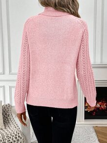 SHEIN Women's Solid Color Hollow Out Raglan Sleeve Casual Elegant Pullover Sweater, Autumn/Winter Office Brunch Light Pink - Pink - View 2