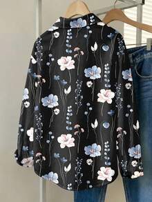 Breezaya 大尺碼女款花卉印花襯衫，優雅波西米亞休閒海灘早午餐正式風格，黑色秋季 - 彩色 - 查看 2