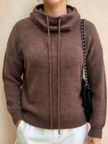 SHEIN LUNE CURVE 大尺碼女款秋冬時尚休閒棕色抓皺領連帽抽繩衛衣,長袖寬鬆修身套頭衛衣,適合日常通勤、休閒穿著等多種場合 - 咖啡棕 - 查看 4