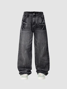SHEIN Explorewe Teen Boy's New Casual & Fashionable Straight Leg Washed Denim Jeans Summer Holiday Autumn Fall - Black - View 2