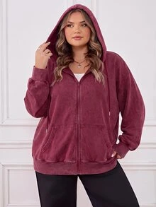 SHEIN CURVE+ 大尺碼開襟拉鍊式水洗布料長袖運動衫，黑色休閒套頭衫，2026 22W - 酒紅色 - 查看 5
