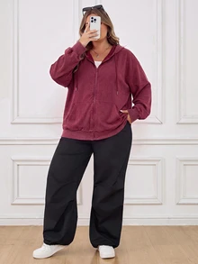 SHEIN CURVE+ 大尺碼開襟拉鍊式水洗布料長袖運動衫，黑色休閒套頭衫，2026 22W - 酒紅色 - 查看 9
