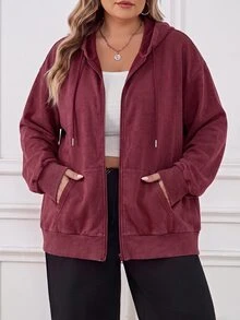 SHEIN CURVE+ 大尺碼開襟拉鍊式水洗布料長袖運動衫，黑色休閒套頭衫，2026 22W - 酒紅色 - 查看 3