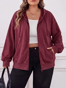 SHEIN CURVE+ 大尺碼開襟拉鍊式水洗布料長袖運動衫，黑色休閒套頭衫，2026 22W - 酒紅色 - 查看 6