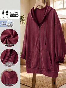SHEIN CURVE+ 大尺碼開襟拉鍊式水洗布料長袖運動衫，黑色休閒套頭衫，2026 22W - 酒紅色 - 查看 7