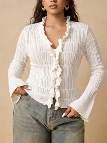 Nubod Plus Size Soft Cream Frill Trim Knit Cardigan - Beige - View 1