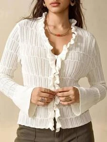 Nubod Plus Size Soft Cream Frill Trim Knit Cardigan - Beige - View 3