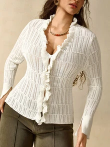 Nubod Plus Size Soft Cream Frill Trim Knit Cardigan - Beige - View 4