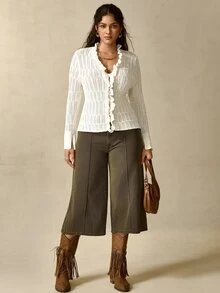 Nubod Plus Size Soft Cream Frill Trim Knit Cardigan - Beige - View 5