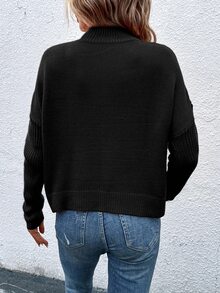 EMERY ROSE Women's Solid Color Stand Collar Drop Shoulder Long Sleeve Casual Pullover Sweater, Autumn/Winter - Black - View 2