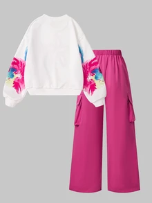 SHEIN Sparklyn 青少年女孩花卉數位印花衛衣與工裝褲兩件套，街頭風寬鬆套頭上衣與寬腿翻蓋口袋長褲休閒穿搭 - 彩色 - 查看 2