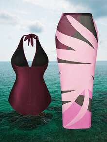 Swim Oasis Plus Size Red Summer Classy Satin One-Piece Halter Swimsuit & Color Block Cover-Up Skirt,Women's 2 Pieces Beach Outfit Cruise Bathing Suit Set - Red Violet - View 6