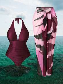Swim Oasis Plus Size Red Summer Classy Satin One-Piece Halter Swimsuit & Color Block Cover-Up Skirt,Women's 2 Pieces Beach Outfit Cruise Bathing Suit Set - Red Violet - View 5