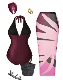 Swim Oasis Plus Size Red Summer Classy Satin One-Piece Halter Swimsuit & Color Block Cover-Up Skirt,Women's 2 Pieces Beach Outfit Cruise Bathing Suit Set - Red Violet - View 2