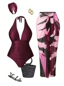 Swim Oasis Plus Size Red Summer Classy Satin One-Piece Halter Swimsuit & Color Block Cover-Up Skirt,Women's 2 Pieces Beach Outfit Cruise Bathing Suit Set - Red Violet - View 1