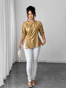Elenzga Plus Size Women's Elegant Exquisite Gold-Tone Petal Sleeve Side Twist Ruched Slit Pearl Decor Woven Short Sleeve Blouse, Versatile For Daily Wear And Multiple Occasions - Gold - View 3