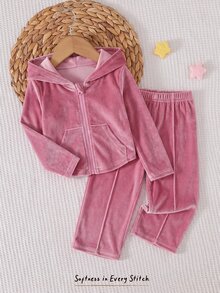 Cozy Pixies Baby Girl Baby Girl 2pcs Solid Pink Drawstring Hoodie Top And Wide Leg Pants Set, Casual For Spring/Autumn, Daily Wear - Pink - View 7
