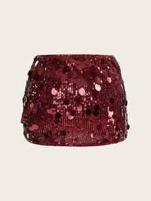 SHEIN ICON 黑色紧身高腰超短女式迷你裙 - 酒紅色 - 查看 3