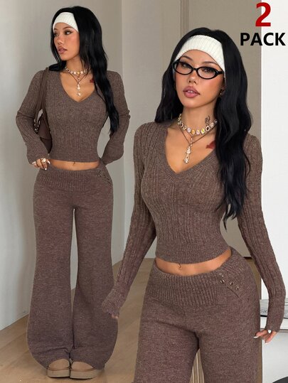 Coolane Women's Fall/Winter Street Casual Stretchy Warm V-Neck Long-Sleeve Slim Fit Sweater & Foldover Waist Button-Detail Flare Knit Pants Lounge Sets 2pcs
