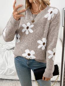 EMERY ROSE Women's Casual Fluffy Flower Pattern Round Neck Drop Shoulder Long Sleeve Knit Pullover Sweater, Autumn/Winter - Mocha Brown - View 7