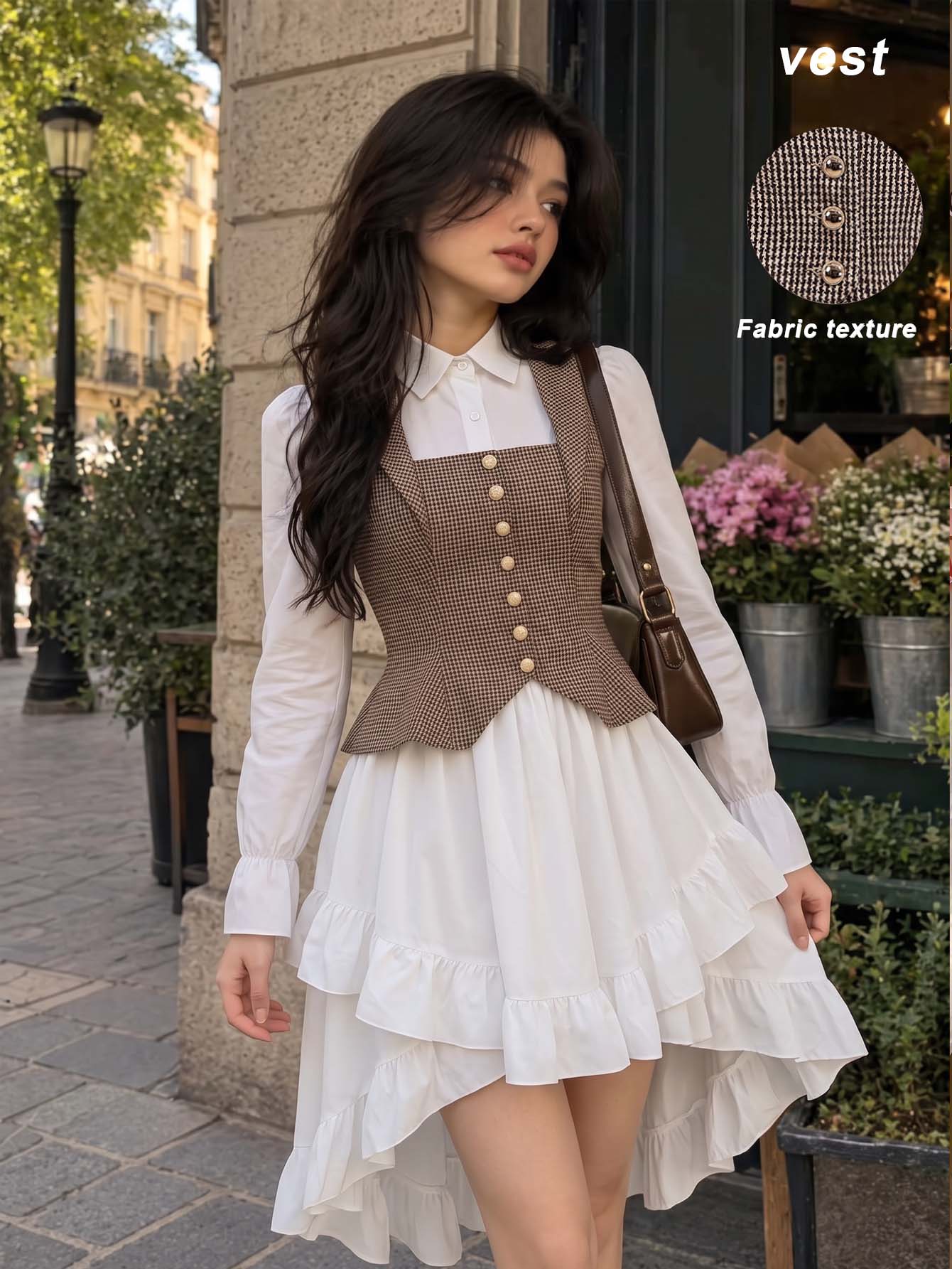 SHEIN MOD Chic Women's Houndstooth Sleeveless Bustier Top With Square Neck And Peplum Hem Button-Front Design,Corsets Women Tops,Quilted Vest Jacket - Camel - View 1