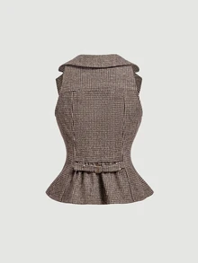 SHEIN MOD Chic Women's Houndstooth Sleeveless Bustier Top With Square Neck And Peplum Hem Button-Front Design,Corsets Women Tops,Quilted Vest Jacket - Camel - View 4