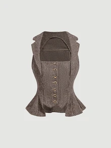 SHEIN MOD Chic Women's Houndstooth Sleeveless Bustier Top With Square Neck And Peplum Hem Button-Front Design,Corsets Women Tops,Quilted Vest Jacket - Camel - View 5