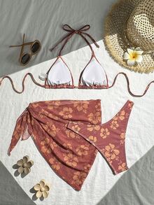 Swim Basics 夏季女士沙滩花卉印花吊带系带性感比基尼套装带罩裙 - 彩色 - 查看 2