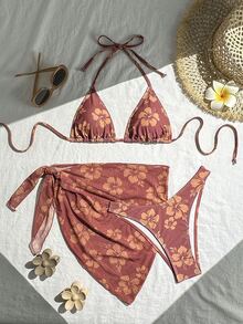 Swim Basics 夏季女士沙滩花卉印花吊带系带性感比基尼套装带罩裙 - 彩色 - 查看 4