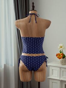 SHEIN Swim Women's Polka Dot Halter Neck Backless Tankini Swimwear Set, Suitable For Beach & Holiday - Multicolor - View 3