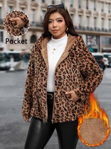 Reflora جاكيت نسائي مقاس كبير بطبعة نمر وأكمام طويلة وسحاب وقبعة من الفرو الناعم - بني - مشاهدة 5