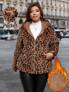 Reflora جاكيت نسائي مقاس كبير بطبعة نمر وأكمام طويلة وسحاب وقبعة من الفرو الناعم - بني - مشاهدة 7