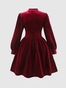 SHEIN 女童大童秋冬優雅奢華小立領泡泡長袖拼接抓皺大裙襬天鵝絨洋裝 派對禮服 正式洋裝 萬聖節聖誕新年洋裝 酒紅色 - 酒紅色 - 查看 2