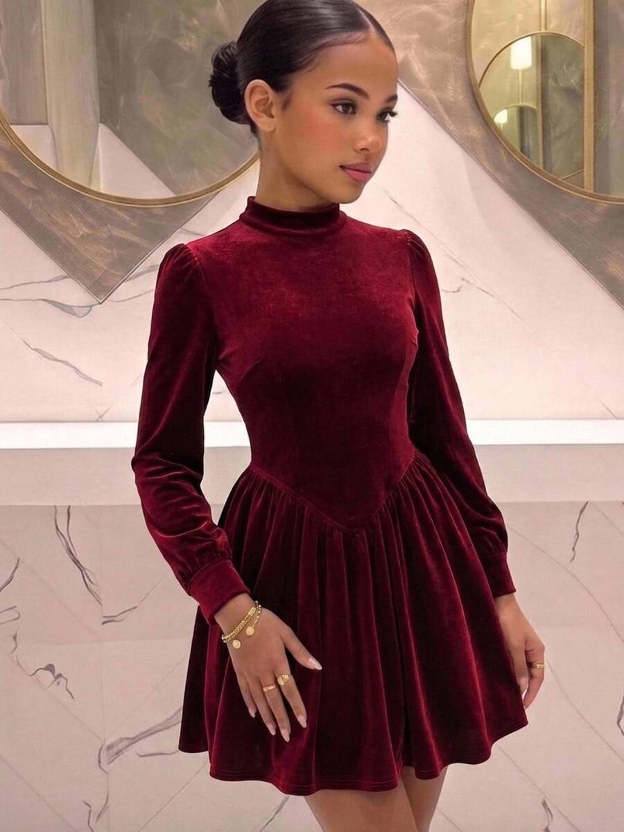 SHEIN 女童大童秋冬優雅奢華小立領泡泡長袖拼接抓皺大裙襬天鵝絨洋裝 派對禮服 正式洋裝 萬聖節聖誕新年洋裝 酒紅色 - 酒紅色 - 查看 1