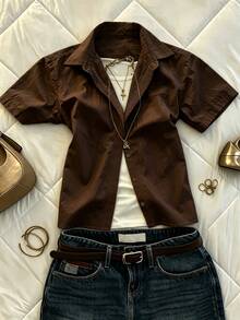 Glimmora Women's Plus Size Solid Color Short Sleeve Casual Shirt, Summer - Brown - View 1