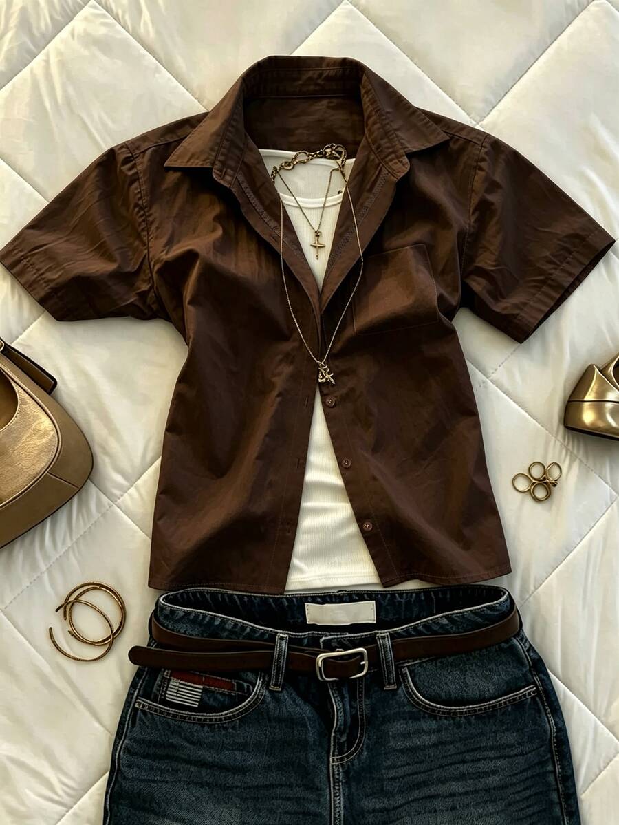 Glimmora Women's Plus Size Solid Color Short Sleeve Casual Shirt, Summer - Brown - View 1