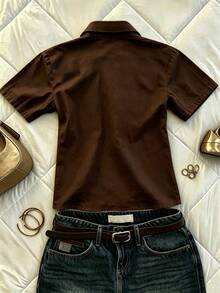 Glimmora Women's Plus Size Solid Color Short Sleeve Casual Shirt, Summer - Brown - View 2