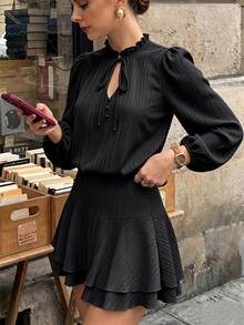 SHEIN PariChic Luxury Beige Ruffle Tie Neck Mini Dress, Puff Sleeve Elastic Waist Double Layer Skater Dress - Black - View 3