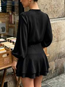 SHEIN PariChic Luxury Beige Ruffle Tie Neck Mini Dress, Puff Sleeve Elastic Waist Double Layer Skater Dress - Black - View 2